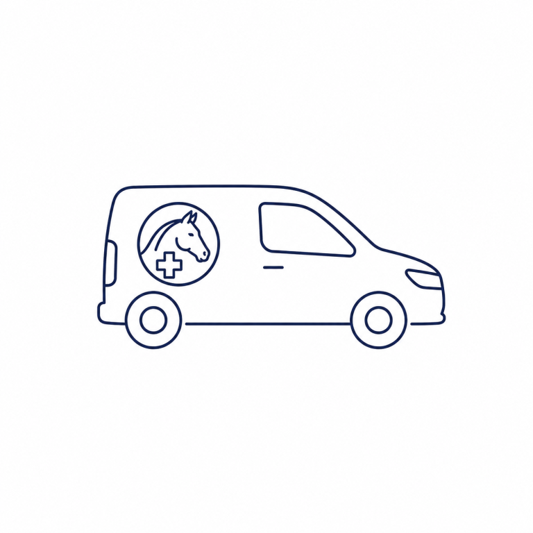 Mobile Fahrpraxis der Pferdeklinik Pill Symbol für die mobile Fahrpraxis der Pferdeklinik Pill mit Klinikfahrzeug und Pferde-Icon
