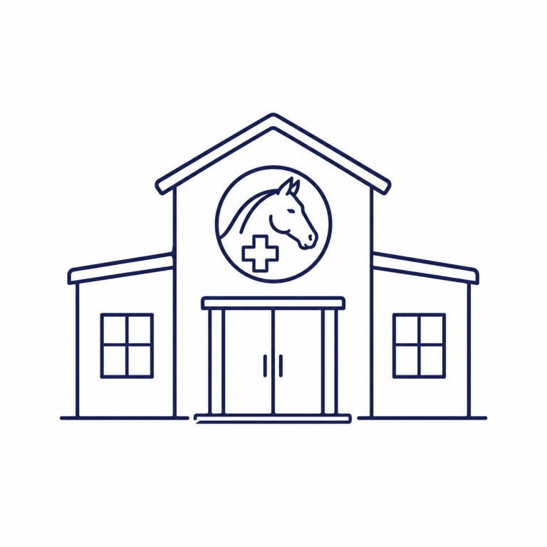 Stationäre Versorgung in der Pferdeklinik Pill Symbol für die Pferdeklinik Pill mit Klinikgebäude, Pferde-Icon und medizinischem Kreuz